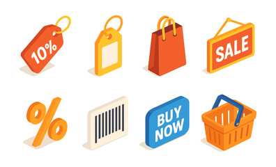 Isometric shopping icons: sale, discount, basket, tags, barcode, percent symbols