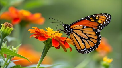 Fototapeta premium Close-Up of Monarch Butterfly on Vibrant Orange Flower in Natural Garden Setting