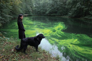 Young woman and dog at pond under algae's watchful eye. Pet owner caution. Heavy rain and heatwave increase uk risks of toxic algae in dog walking areas. Dog algae alert. Summer toxin risks.
