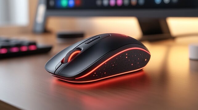Modern wireless computer mouse with red accent lighting on a wooden desk