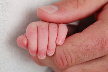 A close-up of a newborn baby's hand gently holding an adult's finger, symbolizing care, protection, and bonding.