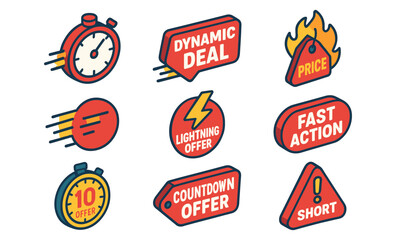 Obraz premium Dynamic deal icons set with price and offer graphics in red and yellow