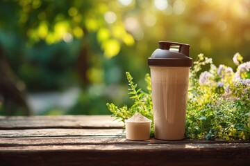 Protein Shake in Shaker Bottle on Wooden Table in Natural Outdoor Setting