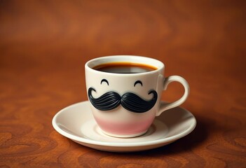 Fototapeta premium A whimsical mustache-adorned coffee cup sits on a saucer against a rich brown background, mug, aroma