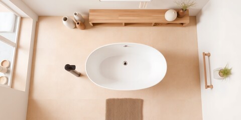 Aerial view of a modern bathroom with a white oval tub and wooden shelf decor