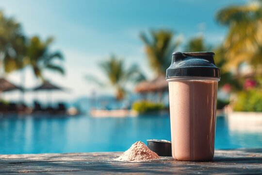 Protein Shake in Front of a Tranquil Swimming Pool Under Clear Blue Sky