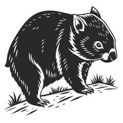 Obraz premium Stylized wombat walking on grassy ground, black and white illustration
