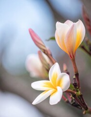 Obraz premium Delicate white and yellow plumeria flowers bloom on a branch with soft-focus background.