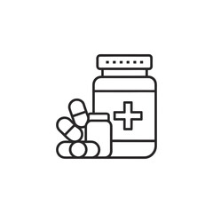 Medical pills and prescription bottle with cross symbol isolated on white background