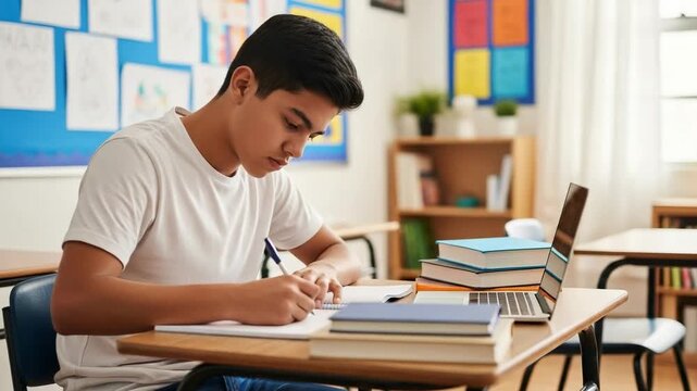 Focused Hispanic teenage boy studying in a classroom. Diligent high school student writing notes at his desk with a laptop and books. - Powered by Adobe