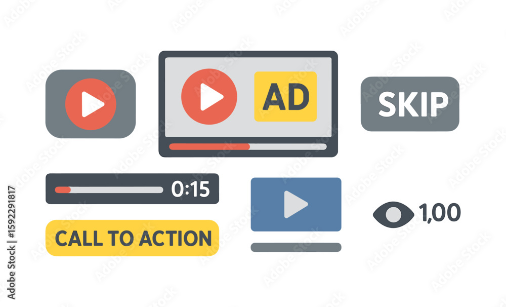 Aufkleber video advertisement interface with play and skip buttons