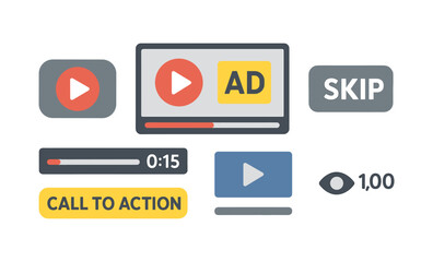 Video advertisement interface with play and skip buttons