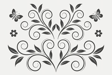 Elegant black and white floral swirls leaves butterflies