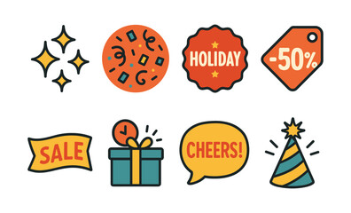 Festive icons: holiday celebration sale gift tag and party elements