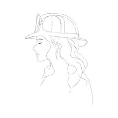 Minimalist profile of young Caucasian female firefighter in helmet with flowing hair, elegant doodle line drawing for hero-themed or Women’s Day visuals on transparent background.