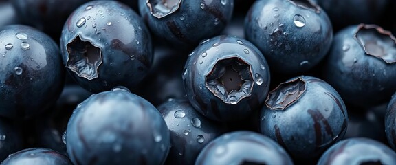 Close-up of plump blueberries, dew drops, textured skin, shallow depth of field,  texture,  juicy