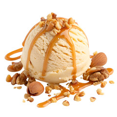 Frozen Custard with Caramel Drizzle and Nuts Isolated on White Background
