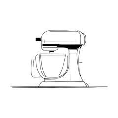 Side view of electric stand food mixer in clean doodle sketch style, kitchen appliance outline with mixing bowl for baking, culinary blogs, or kitchenware ads on transparent background.