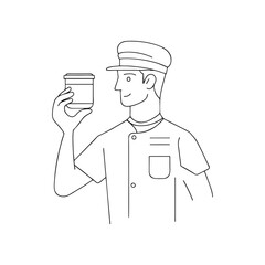 Male food engineer in uniform holding takeaway coffee cup, front view outline of Caucasian man in doodle SVG style for café branding, culinary services, or delivery content on transparent background.