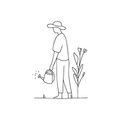 Minimalist gardener character in side view holding watering can and standing near plants in black outline doodle style for eco farming, gardening blogs or spring visuals on transparent background.