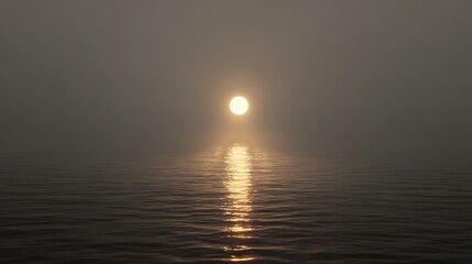 Sun Illuminating Calm Ocean Waters Reflecting Golden Light Through Foggy Atmosphere Scenery