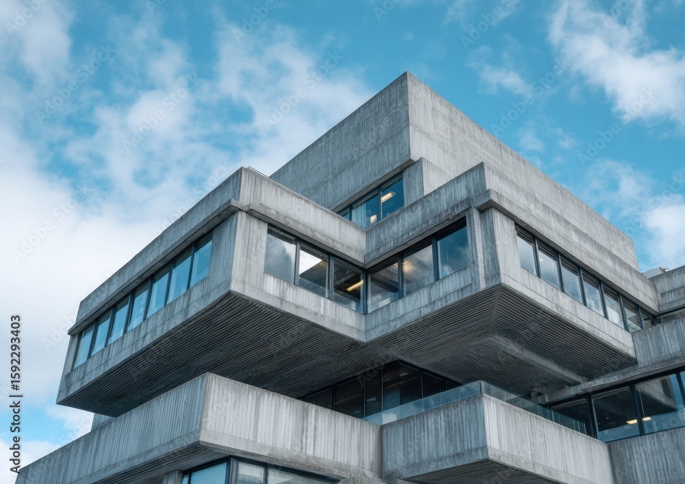 Poster a building made of gray concrete with rectangular windows, in a modernist style, under the blue sky 