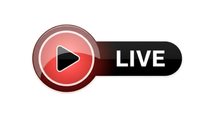 A glossy red play button icon with a black triangle is paired with a live text bar isolated on transparent background