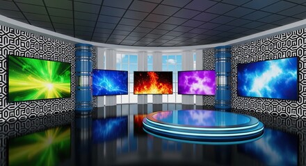 Television studio, virtual studio set. ideal for green screen compositing.