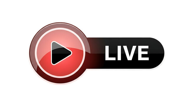 A glossy red play button icon with a black triangle is paired with a live text bar isolated on transparent background