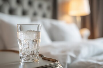 Refreshing Glass of Water on Nightstand in Cozy Bedroom Setting