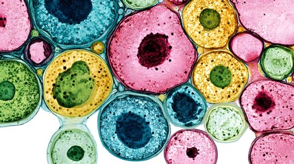 Fototapeta premium Macro shot of colorful dividing cells with vibrant detail and a softly blurred background. Concept: Cell biology, mitosis, microbiology, biotechnology, science, research.