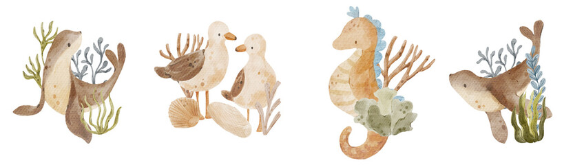 Watercolor underwater composition with seaweed, seagull and seahorse. Marine life hand-drawn animals.