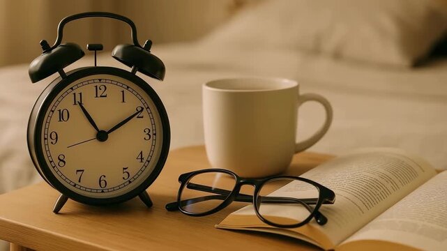 Waking up in the morning with a serene atmosphere, coffee, and a book beside the bedside clock
