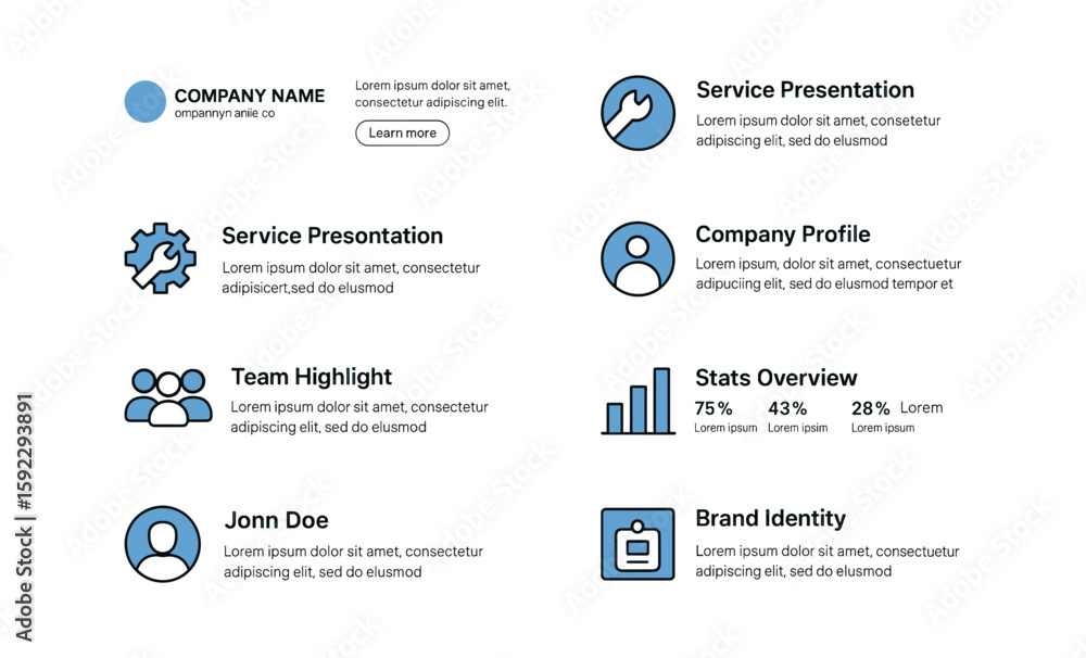 Aufkleber business dashboard layout with service presentation and team highlight