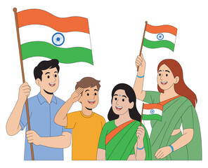 Indian Family Celebrating Independence Day with National Flags 15 August Vector Illustration. Tricolor Flag Waving by Happy Indian People Patriotic Family on Independence Day. 