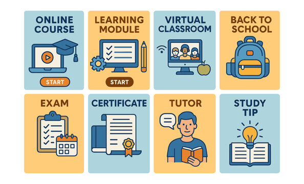 Online course and learning module with virtual classroom and study tips icons - Powered by Adobe