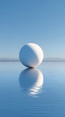 Textured White Sphere Balanced on Calm Water with Mountain Backdrop and Reflective Surface