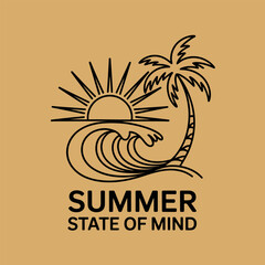 Outlined palm tree and wave sunset with bold summer state of mind label, perfect for tshirt or adventure themed printable poster   © kdpprosolutions2015