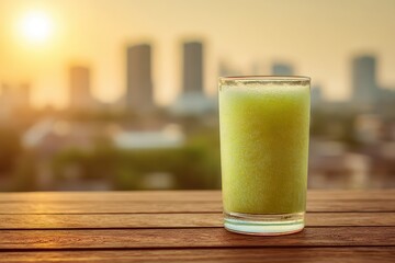 Refreshing Green Beverage in Clear Glass with City Skyline at Sunset