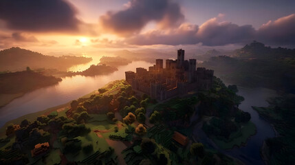 A majestic medieval castle, nestled on an island, overlooks a serene valley at sunrise. Lush greenery surrounds the castle walls