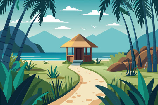 Tropical beach hut pathway with palm trees and ocean view