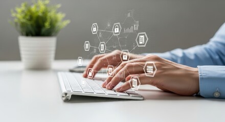 Data Processing A Person Typing on a Keyboard with Digital Data Icons Overlaying, Showing Digital Connectivity