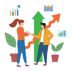 Business teamwork vector illustration with growth arrow and handshake. Office coworkers analyzing growth chart and partnership deal. Corporate collaboration scene with graphs, analytics and success.