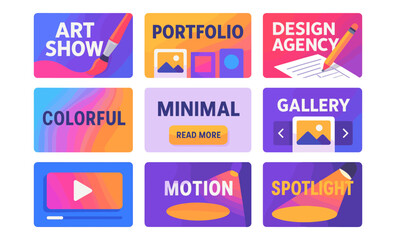 Colorful art show portfolio and design agency gallery with minimal motion spotlight
