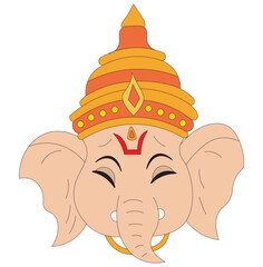Vector illustration of Lord Ganesha face with traditional crown. Cute cartoon-style Ganesha head illustration for Hindu festival. Lord Ganpati face icon in flat vector design for Ganesh Chaturthi.