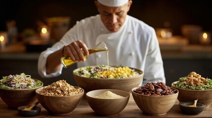 A chef pouring olive oil into a bowl of salad