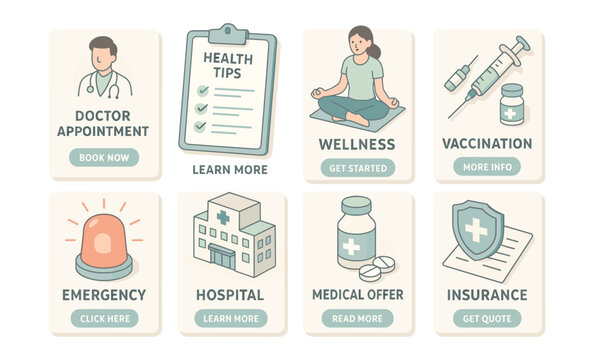 Healthcare services icons featuring doctor, wellness, vaccination, emergency, hospital, medication, insurance