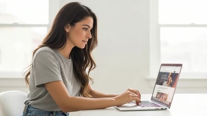 Cheerful young woman with long hair smiling while typing on a laptop. Female professional working from home or student studying online in a bright room. - Powered by Adobe