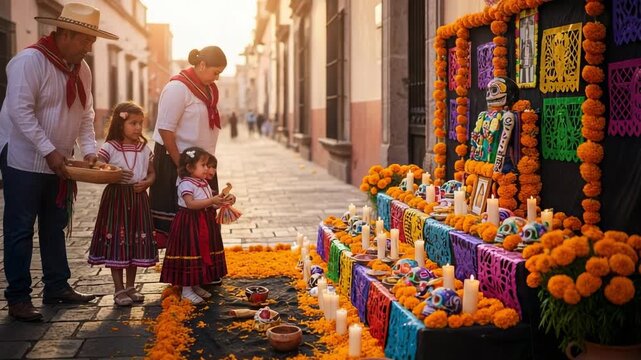 A Hispanic family with three young daughters celebrates Dia de los Muertos, setting up a traditional ofrenda with marigold flowers and candles on a cobblestone street.