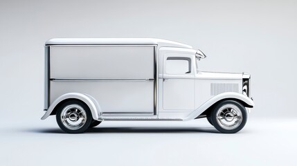 Side profile of a vintage white delivery truck against a white background.